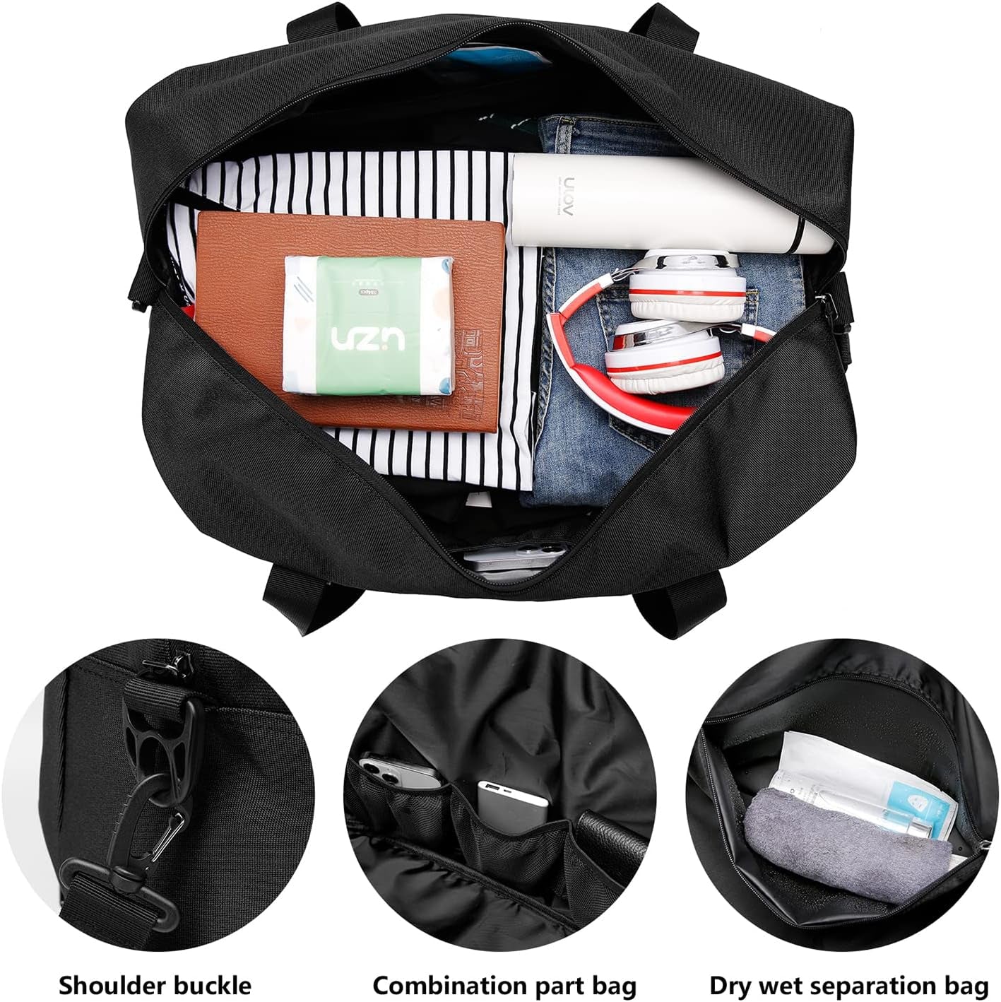 Duffle Bag Large Size Gym Bags for Men Waterproof Travel Duffel Bag for Women Weekender Bag with Shoes Compartment Overnight Bag 55 L, Black