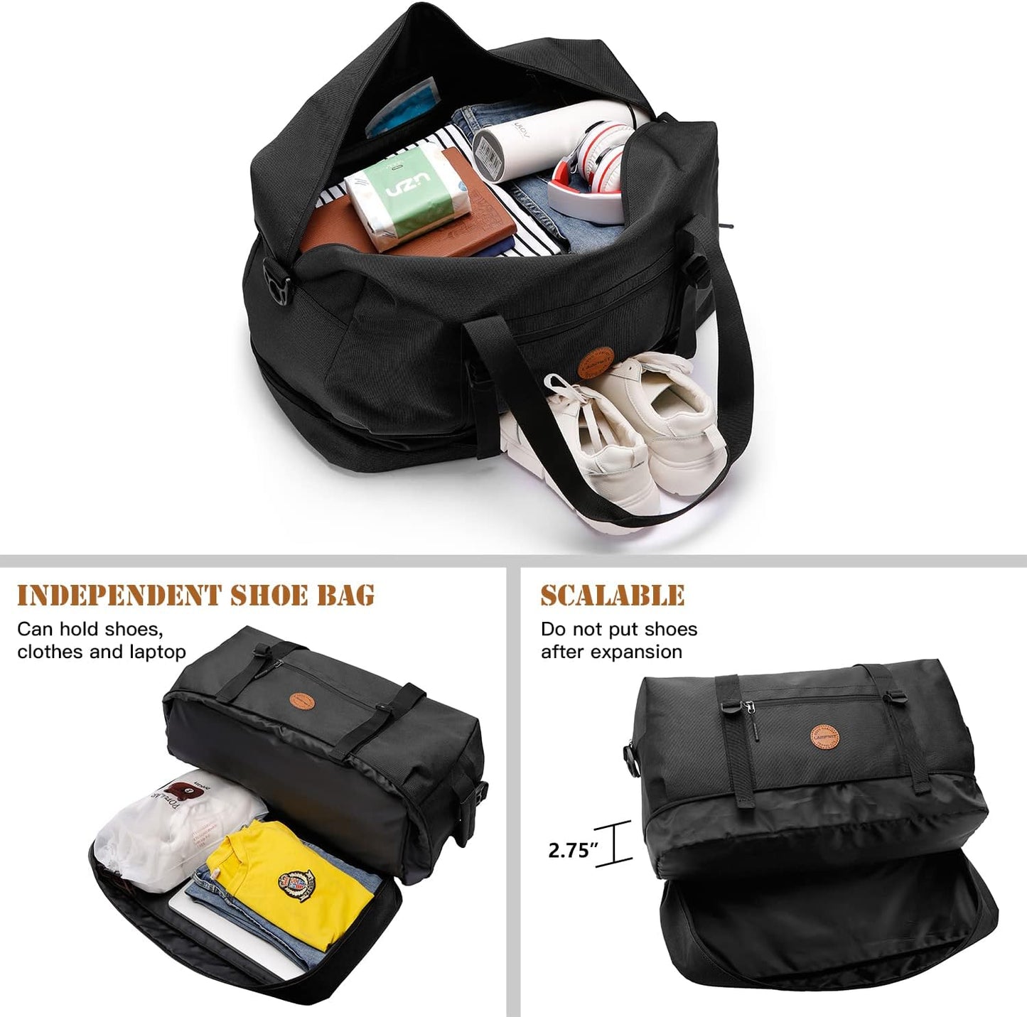 Duffle Bag Large Size Gym Bags for Men Waterproof Travel Duffel Bag for Women Weekender Bag with Shoes Compartment Overnight Bag 55 L, Black