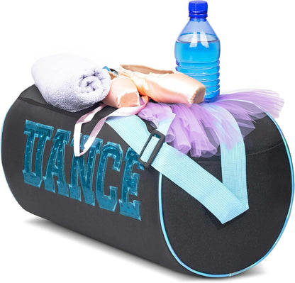 Dance Duffle Bag for Girls, Water-Resistant Kids Travel Bag with Adjustable Carry on and Handy Pouch, Dance Accessories for Girls (Black/Turquoise) One Size