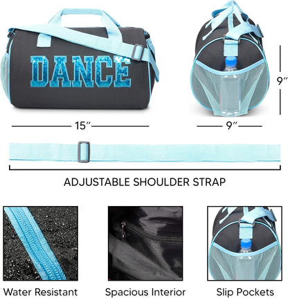 Dance Duffle Bag for Girls, Water-Resistant Kids Travel Bag with Adjustable Carry on and Handy Pouch, Dance Accessories for Girls (Black/Turquoise) One Size